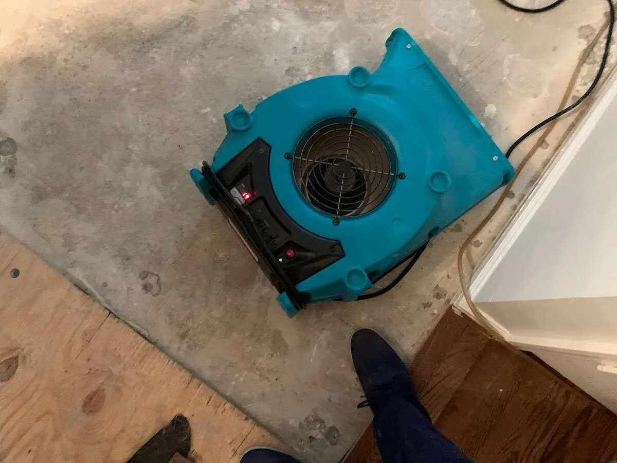 Air mover drying subfloor during Leak Detection & Repair in Leominster